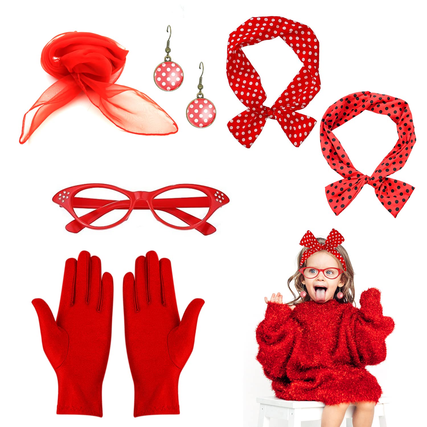 QEEQPF Pack of 5 1950s Women's Costume Accessories Chiffon Scarf Headband Glasses Gloves Earrings for Women Vintage Party Outfits, red, One size