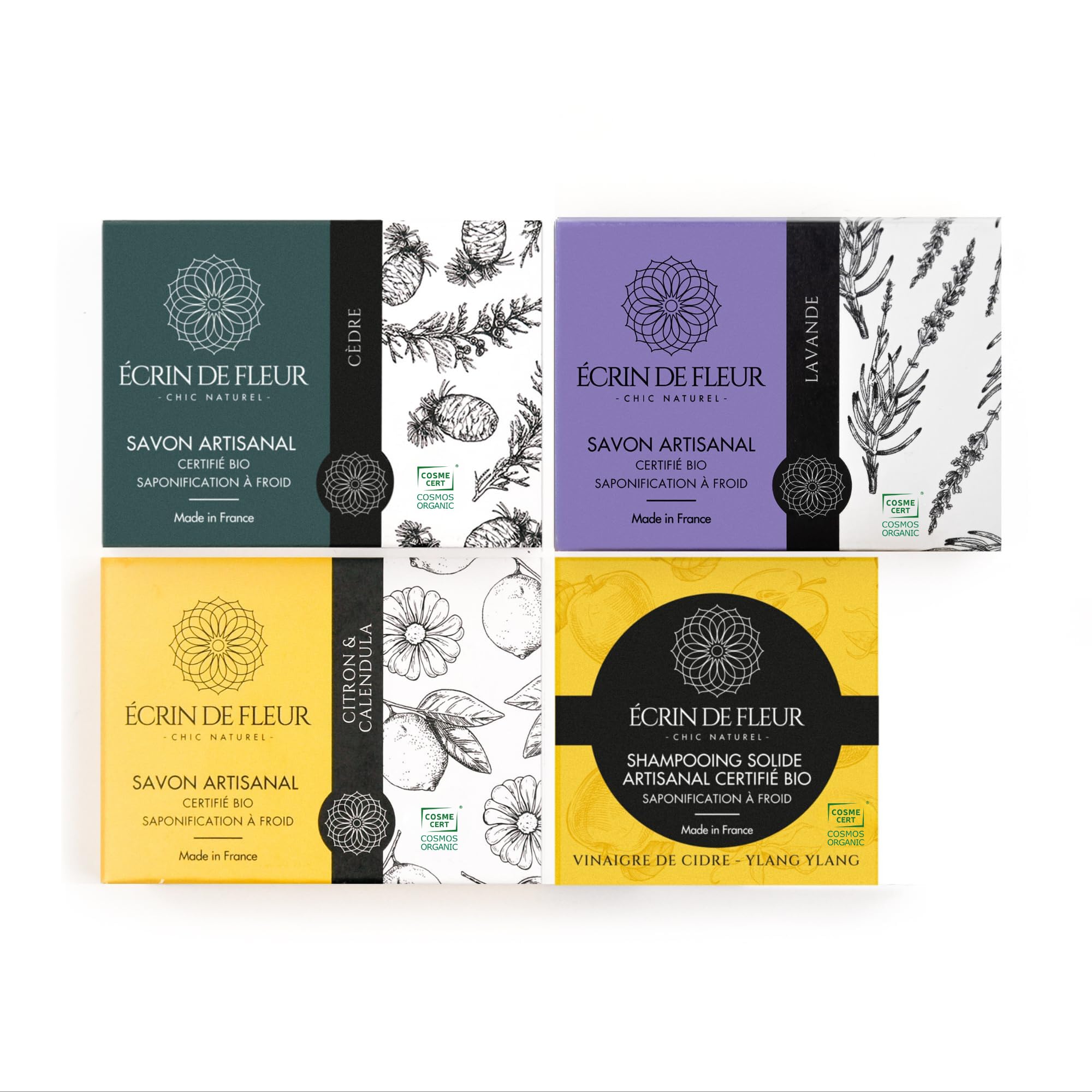 Écrin de Fleur – Organic Soap & Shampoo Bar Gift Set for Eco-Conscious Gifting, Handcrafted Cold Process, COSMOS Organic & Nature et Progrès Certified, 4-Piece Collection