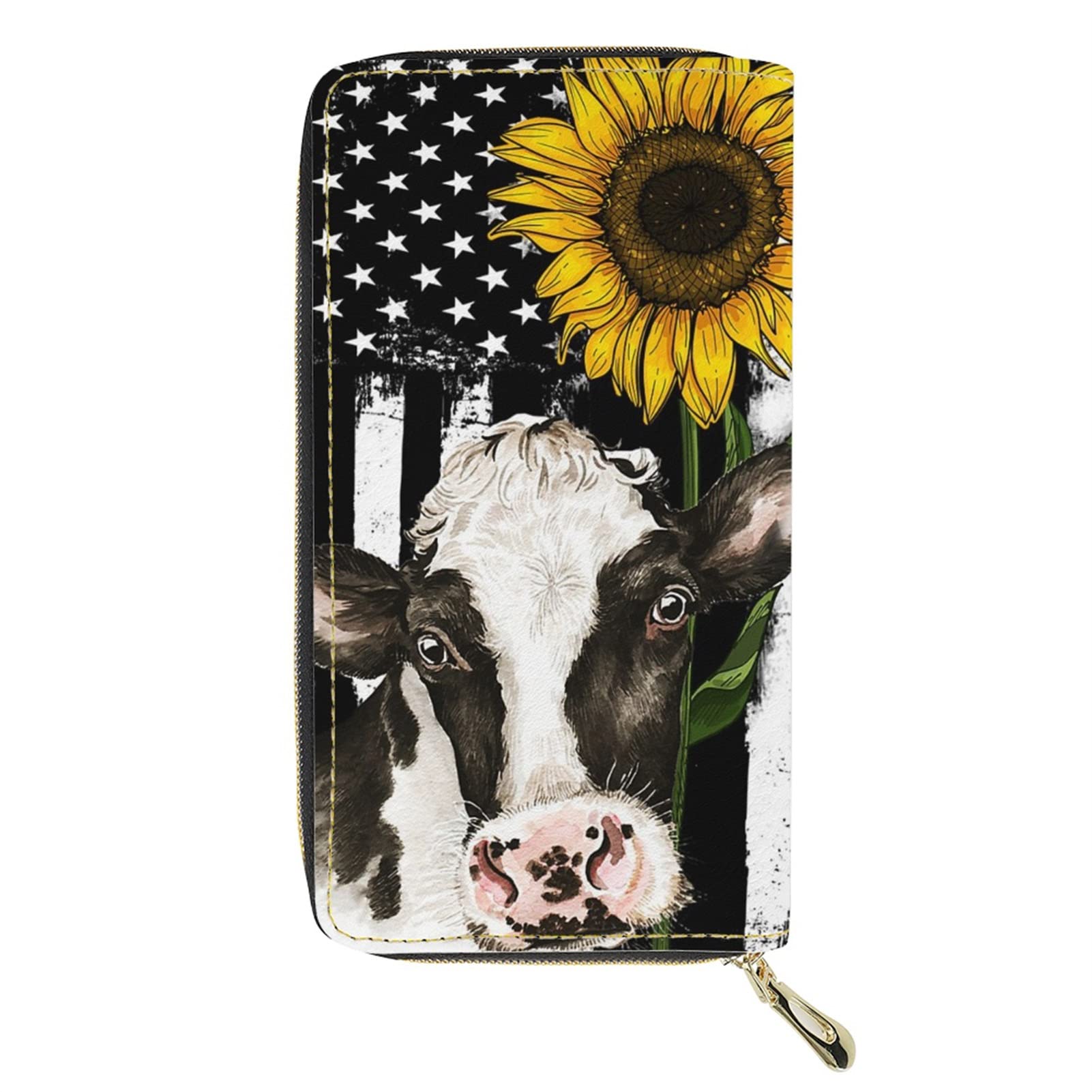 Dolyues Cow Sunflower Pattern Women Zipper Long Pu Leather Wallet with Coin Pocket Casual Clutch Credit Card Holder Purse Ladies