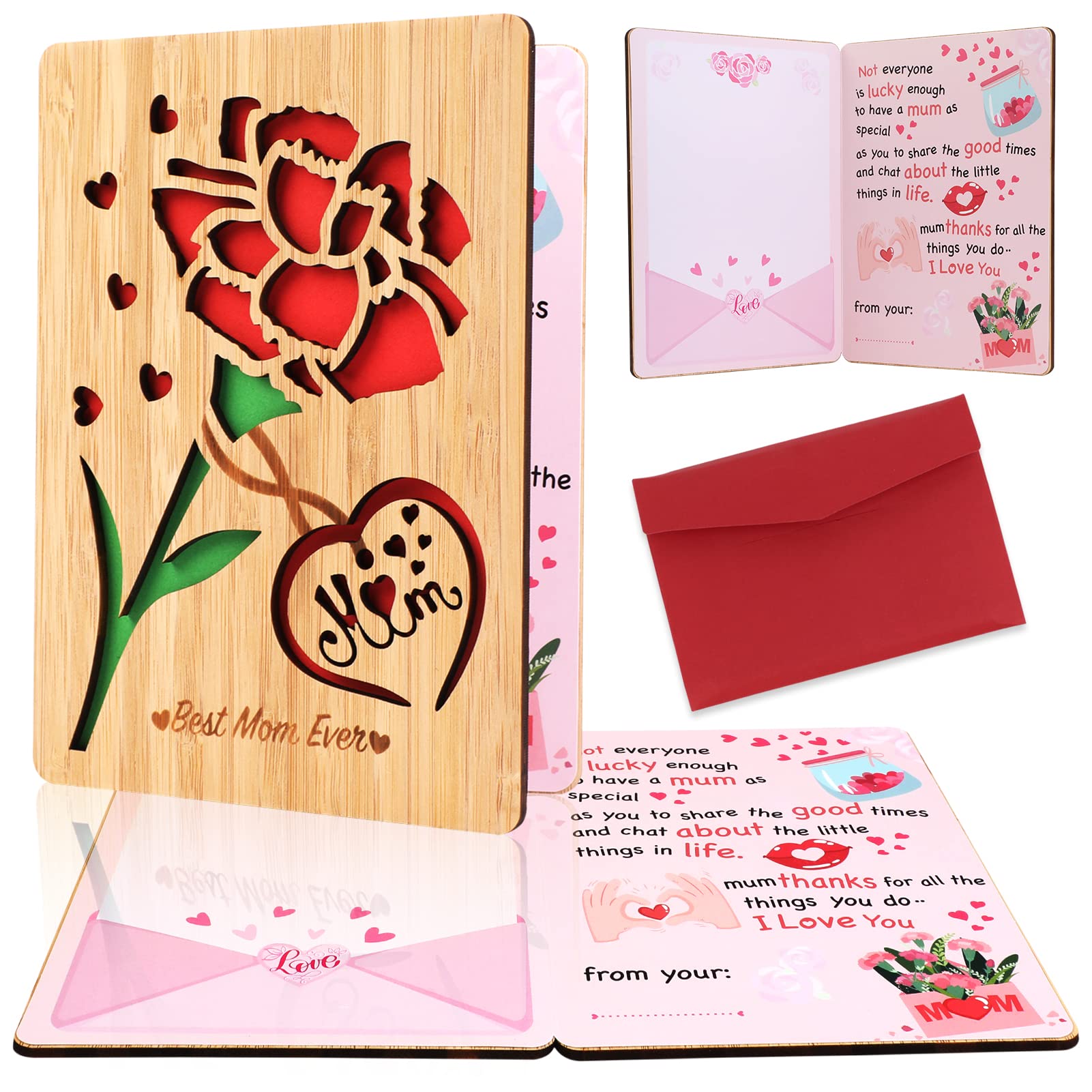 HOWAF Mother's Day Card, Mum Birthday Cards Wooden Best Mum Ever Cards for Mum, Mother's Day Card and Gifts from Daughter, Son, Best Mum Gifts for Her