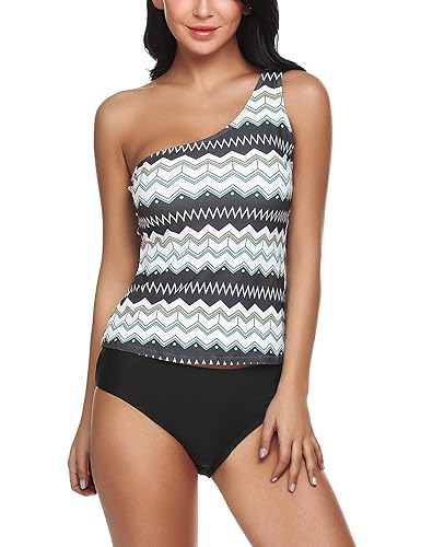 ADOME Damen Bikini Set Eine Schulter Badeanzug Tankini Set Figurformender Swimwear Swimsuit Strandkleidung