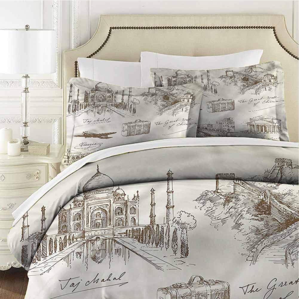 Travel Bedding Set World Famous Landmarks Full (80x90 inches) - 3 Pieces (1 Duvet Cover + 2 Pillow Shams) - with Zipper Closure Ultra