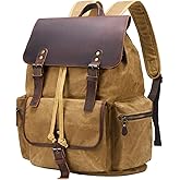 NEHOR Vintage Waxed Canvas Backpack Casual Genuine Leather Laptop Rucksack Shoulder DayPack for Travel/Hiking/School