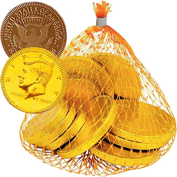 FRUIDLES CHOCOLATE COINS IN MESH BAGS, 10 BELGIAN MILK CHOCOLATE HALF-DOLLAR GOLD COINS PER MESH BAG, TOTAL 4.5OZ MESH BAGS (3 MESH BAGS)