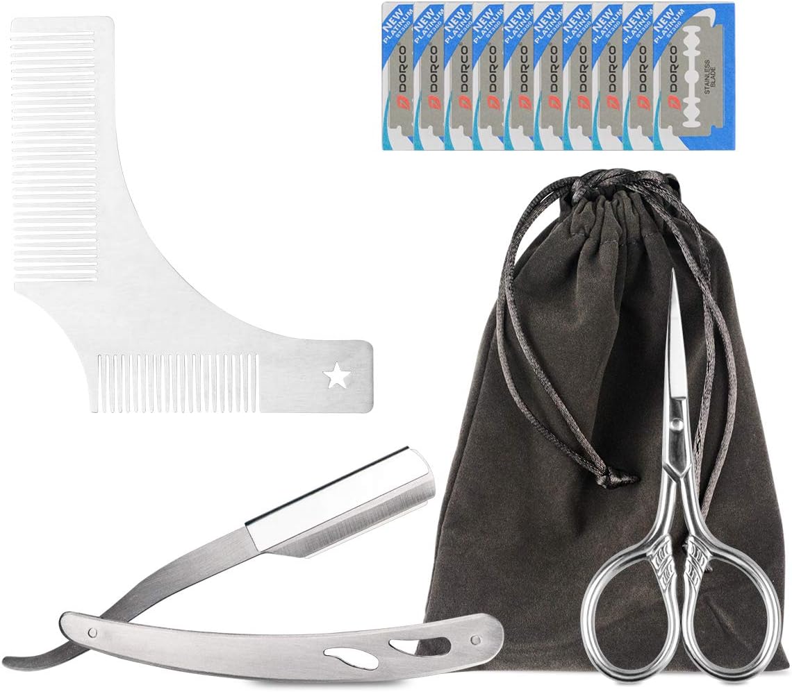 Straight Razors, FreeQueen Beard Grooming Kit Men's Facial Hairline Symmetric Lines and Trim with Shaping Template Comb, Professional Straight Edge Razor and Scissors for Beard Grooming(10pcs Blades)