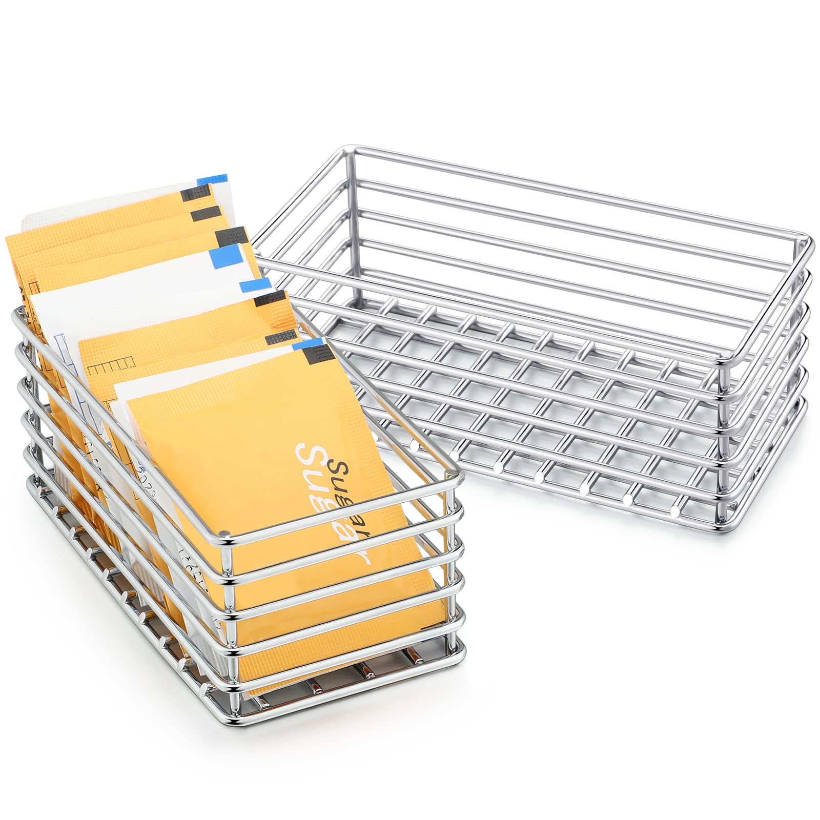 Photo 1 of 2 Pcs Sugar Packet Basket Sugar Packet Rack Small Caddy Iron Organizer for Coffee Bar Tea Storage, 4.5" x 2.25" x 1.75"(Silver)