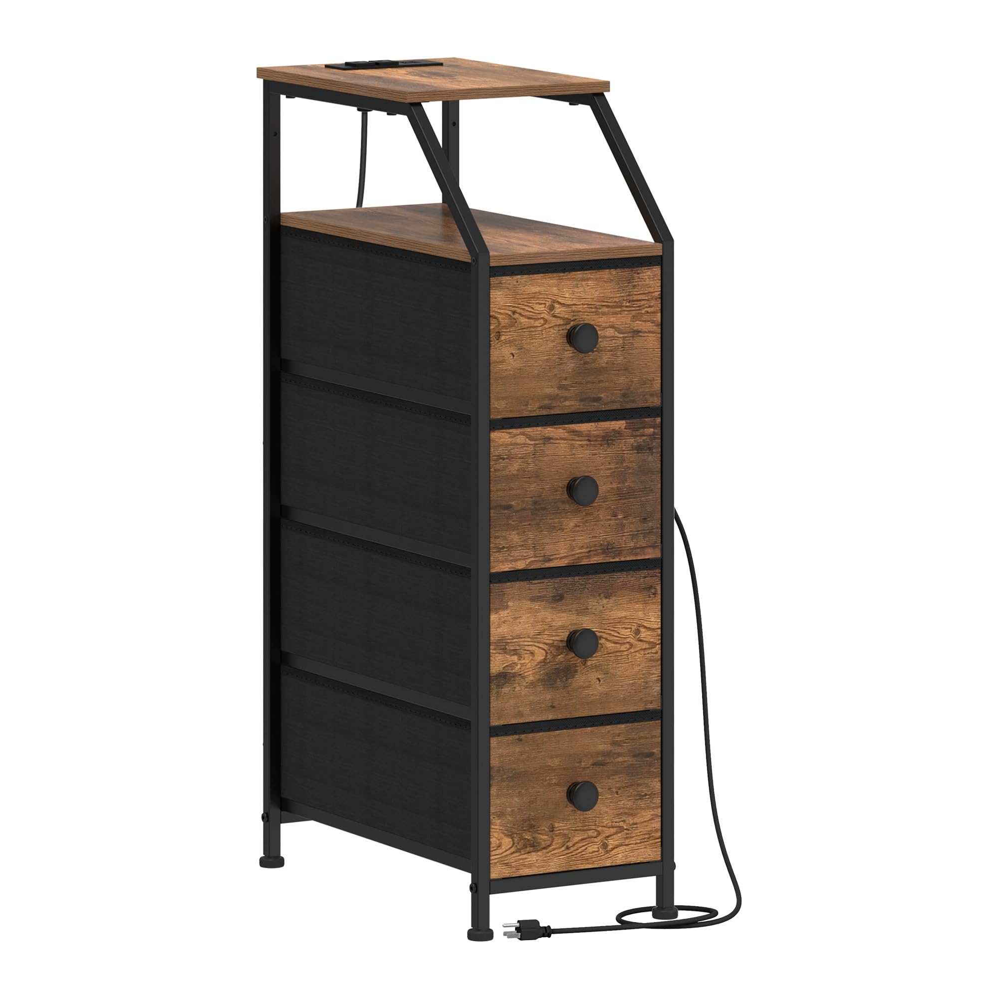 Photo 1 of Tohomeor Narrow Dresser Tall Skinny Storage Tower Vertical Slim Chest of Drawers with Charging Station Small Nightstand Side Table for Bedroom, Bathroom, Small Spaces (Rustic Brown, 4 Drawers)