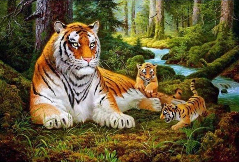 ABEUTY DIY Paint by Numbers for Adults Beginner - Tiger & Tiger Cub Forest 16x20 inches Number Painting (No Frame)