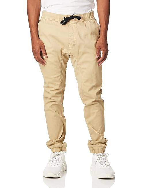WT02 Young Men’s Jogger Pants In Basic Solid Colors and Stretch Twill Fabric Pants, -light khaki, Medium