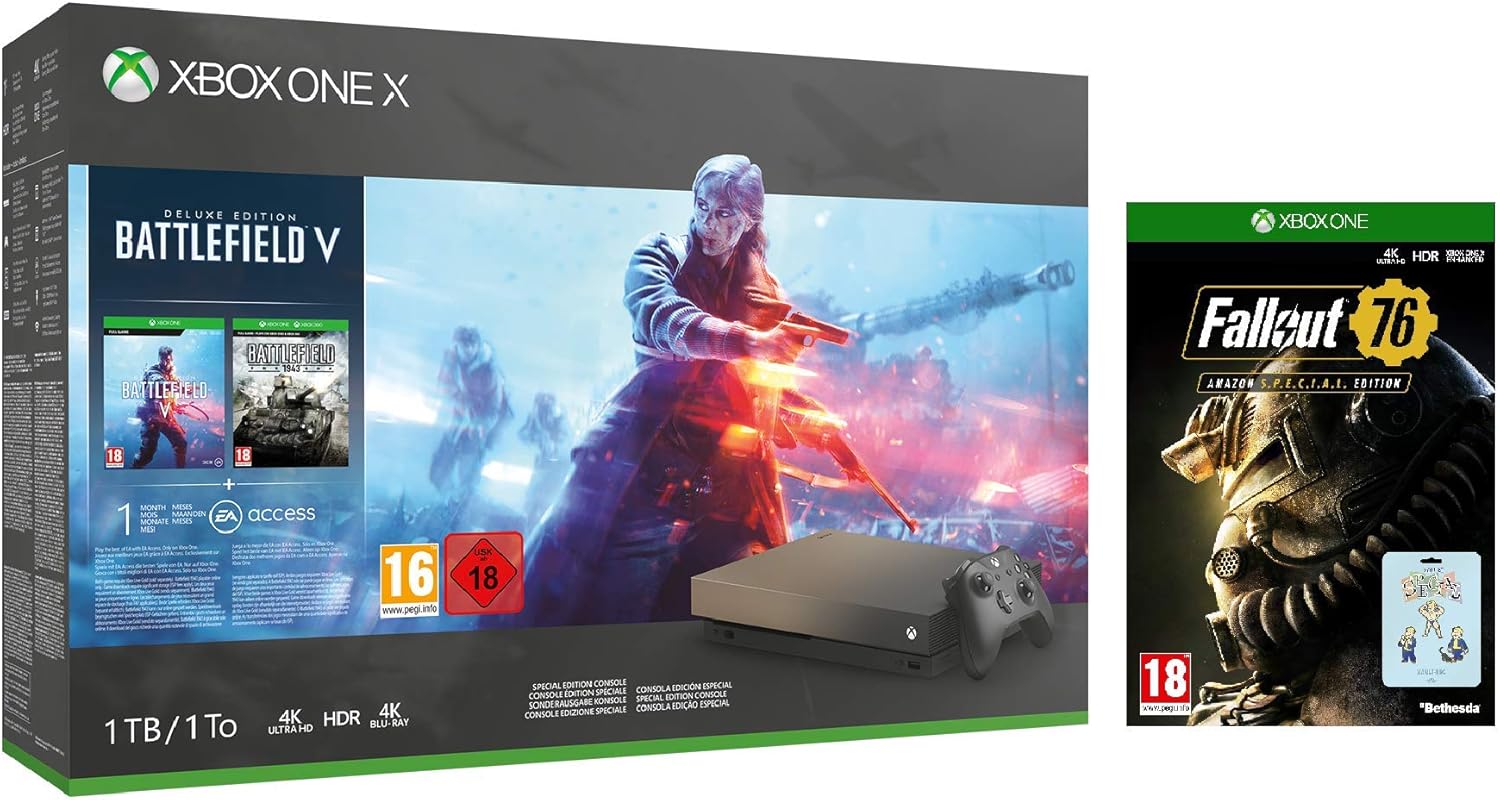 Xbox One X 1tb Gold Rush Special Edition Console Battlefield V Bundle Fallout 76 S C L Edition Game 3 Pin Badges Xbox One Amazon Co Uk Pc Video Games