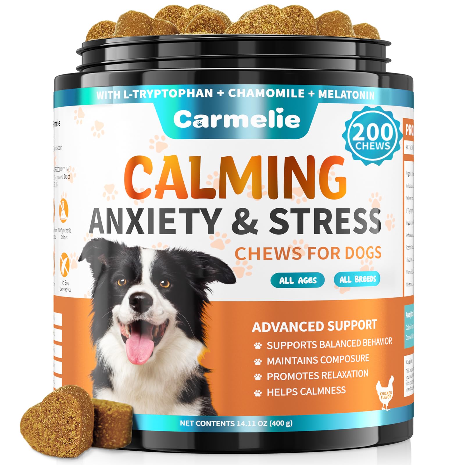 Carmelie Calming Treats for Dogs - 200 Count Calming Dog Treats -Alternative Calming Chews for Dog Reduce Stress, Fear, Separation Anxiety - Natural Valerian Root, L-Tryptophan - Chicken Flavor
