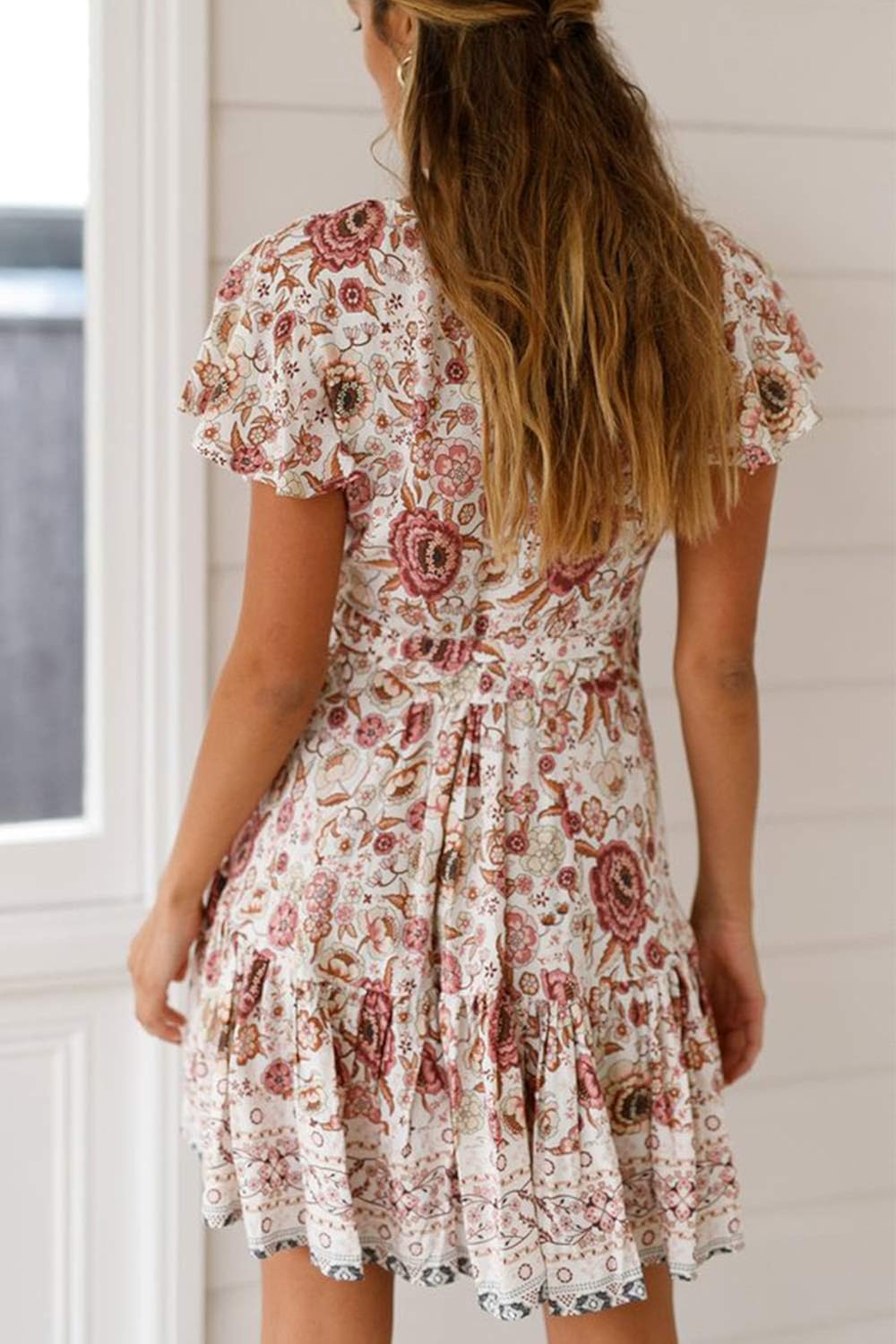 Ehpow Femmes Mini Robe Boheme Ete Encolure En V Vacances Robe Florale Manches Courtes De Plage Casual Femme