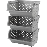 Jandson 3 Pack Stacking Open Front Storage Bins, Gray Stackable Basket | Plastic Pantry Storage Basket Rack for Vegetable Fruit Snack Toy