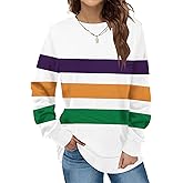 Womens Mardi Gras Shirt Stripes Fat Tuesday Tee Shirt Sequin New Orleans Carnival Party Long Sleeve Top