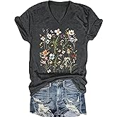 Womens Vintage Flowers V Neck Shirt Boho Floral Wildflowers Graphic Tee Casual Short Sleeve T Shirt