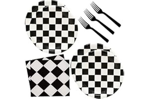 HSPAIDYP 60Pcs Black and White Checkered Race Car Party Supplies,Racing Themed Tableware Set 7"Racing Dessert Paper Plates and Napkins,Fork for Kids Car Sports Race car Themed Birthday Party Decor (Car Set)