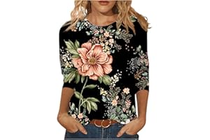 GENERIC Womens Shirts Dressy Casual,Women's Fashion Casual Round Neck Three Quarter Sleeve Printed T-Shirt Top