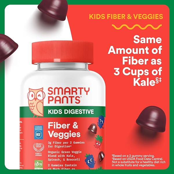 SMARTYPANTS KIDS FIBER & VEGGIES: PREBIOTIC FIBER GUMMIES FOR KIDS, FIBER SUPPLEMENT WITH INULIN, ORGANIC GREEN VEGGIE BLEND, VEGAN, GLUTEN FREE, MIXED BERRY FLAVOR, 60 COUNT (30 DAY SUPPLY)