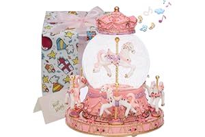WOOYAN Carousel Music Box for Girls - Plays You are My Sunshine Snow Globes Color Change LED Lights Carousel Horse Musical Box for Women Daughter Grandaughter Xmas Birthday Gifts (Pink,6-Horse)