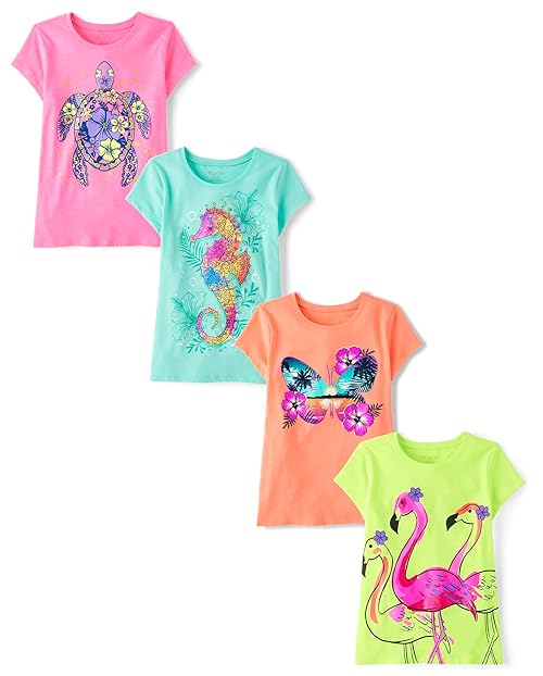 The Children's Place,Girls,Animals Short Sleeve Graphic T-Shirts,Multipacks,Turtle/Butterfly/Flamingo/Seahorse 4-Pack,X-Large