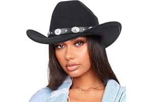 BAWNHAW Felt Black Cowboy Hat for Women Men, Classic Fedora Country Rolled Wide Brim Western Hat, Rodeo Cowgirl Hat with Detachable Belt Buckle