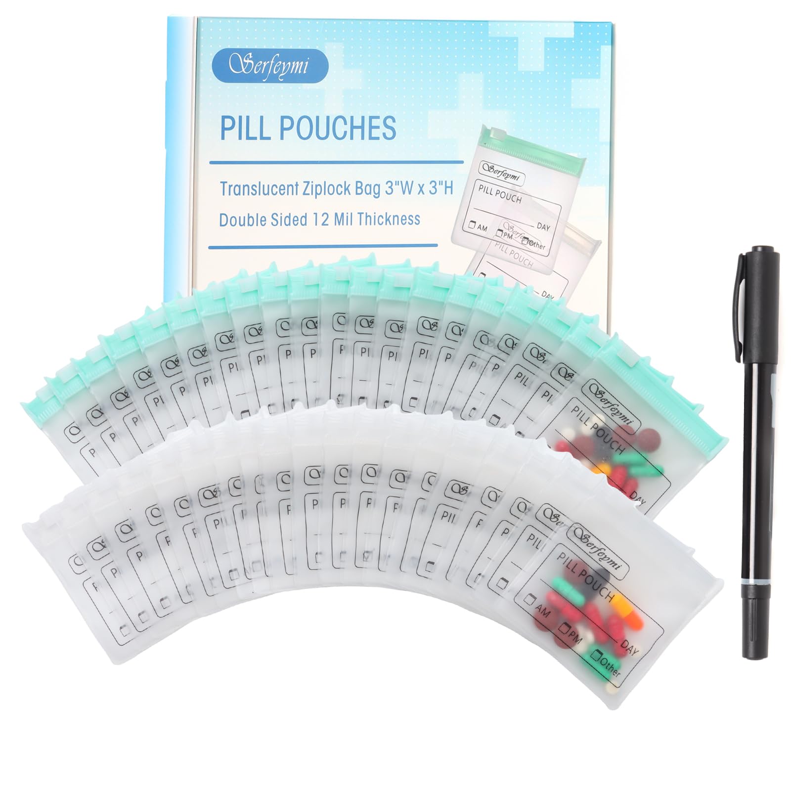 Photo 1 of Serfeymi 72 Pcs Zippered Pill Pouches Organizer Plastic Bags 3 X 3 Inches 12 mil Self Sealing with Slide Lock Writable Label Translucent Travel Medicine Storage Bag Case and 1 Pc Marker-Green+White