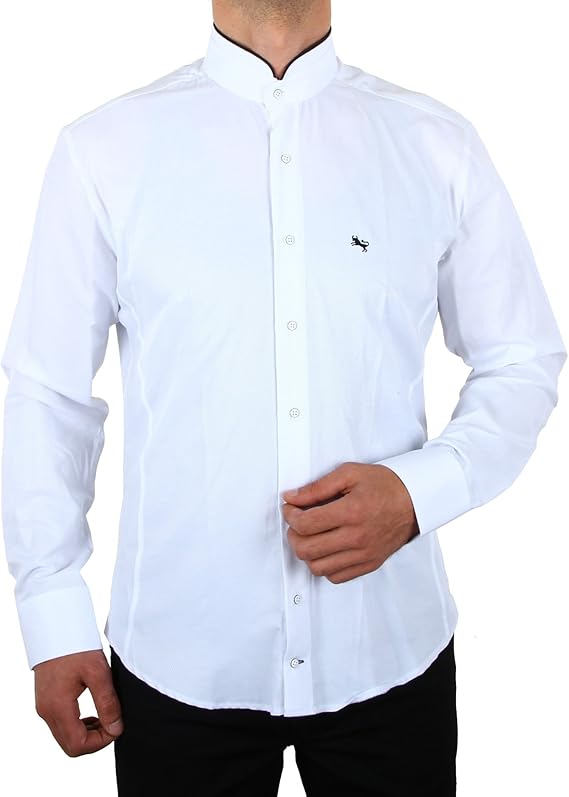 Stehkragen Hemd in Weiss Slim Fit