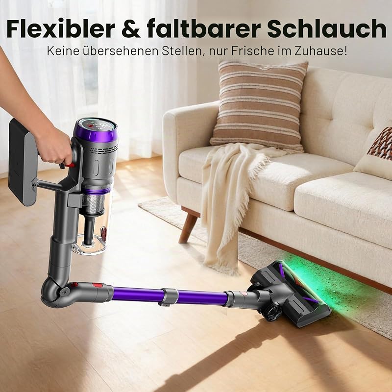 Akku Staubsauger 90Min, 600W 58000Pa Staubsauger Kabellos mit 90° Top-Adapter, Selbststehender Akkusauger mit Smart LED Display und Ladestation, Akkusauger für Teppich, Hartboden und Tierhaare