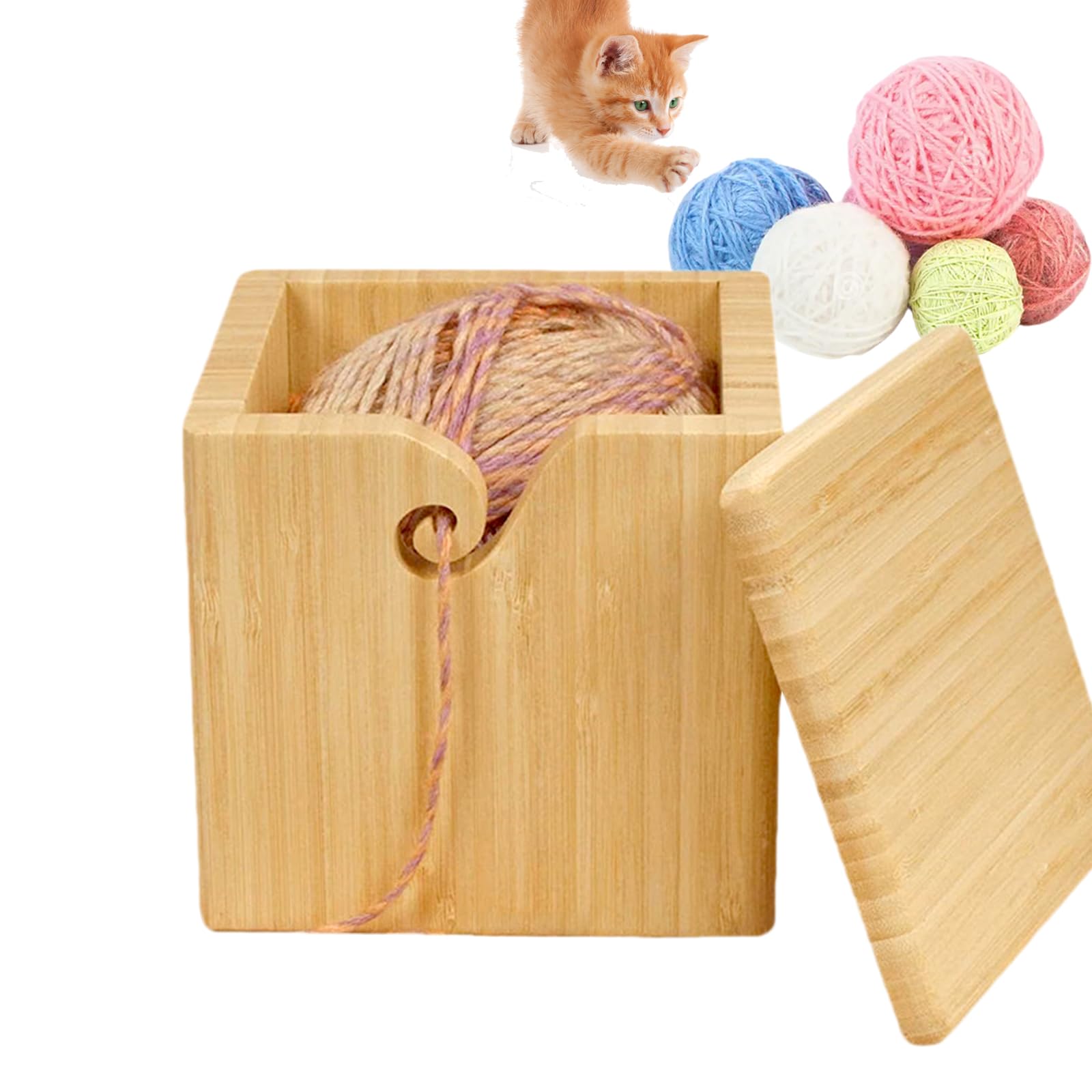 RoseFlower Square Wooden Yarn Bowl 7.7Inch, Multifunctional Portable Handmade Yarn Storage Bowl with Detachable Lid and Carved Holes for Knitting Crochet Enthusiasts - Stable & Smooth Finish