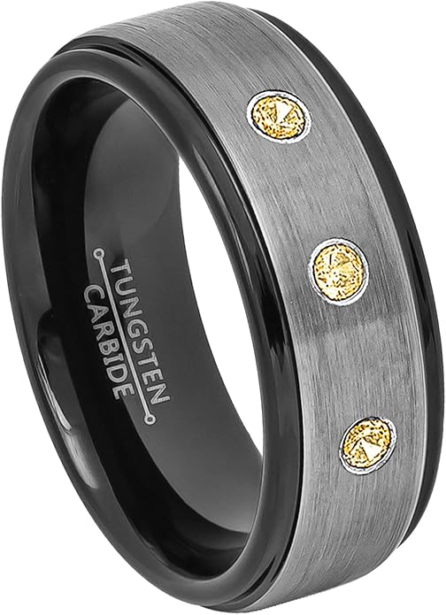 0.21ctw Citrine 3Stone Tungsten Ring November Birthstone Ring