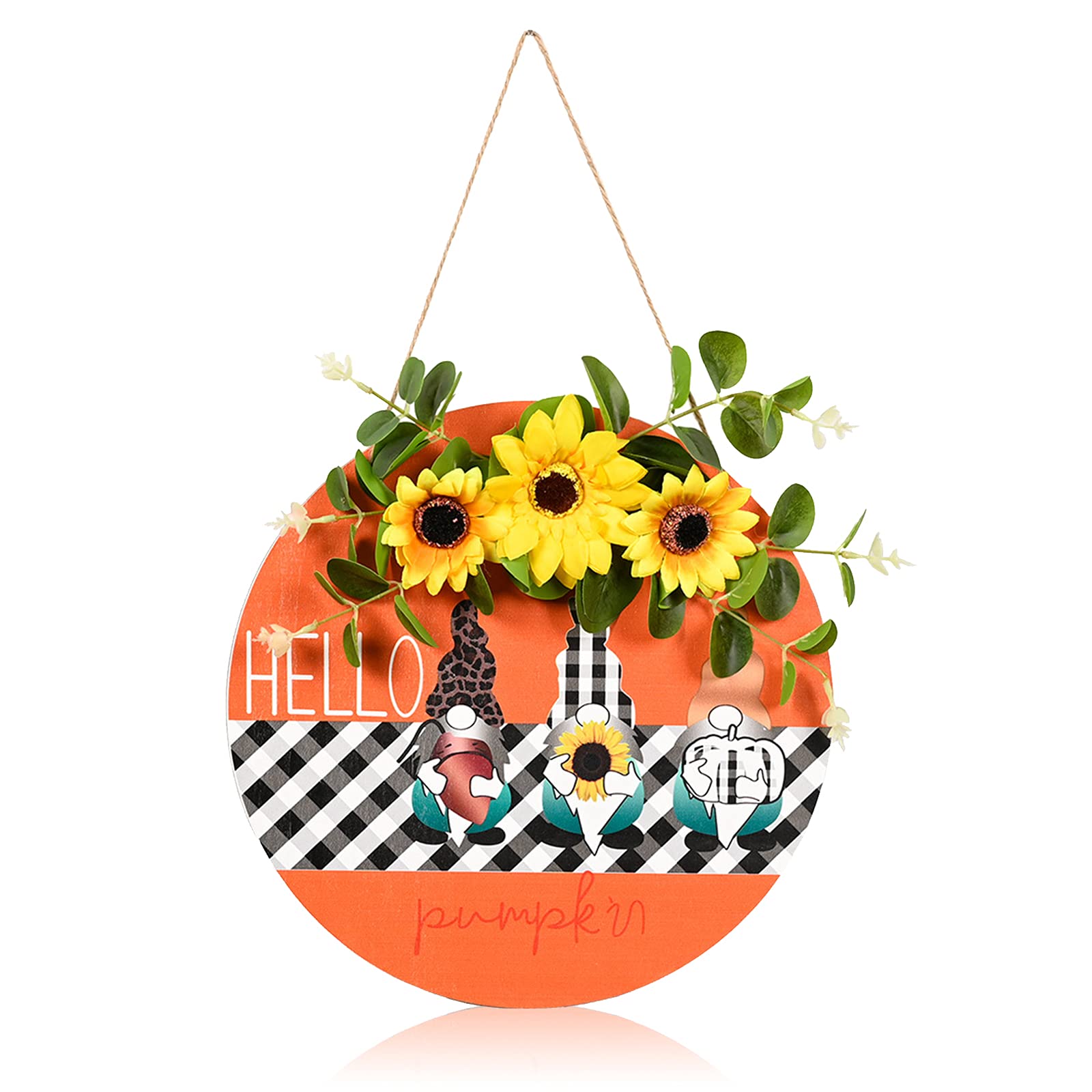 CREATCABIN Wood Hello Sign Halloween Pumpkin Sunflower Printed Wood Plaque Sign Plank Rustic Wall Art Hanging Decorations For Entryway Home Housewarming Livingroom Outdoor Porch Yard Patio 12inch