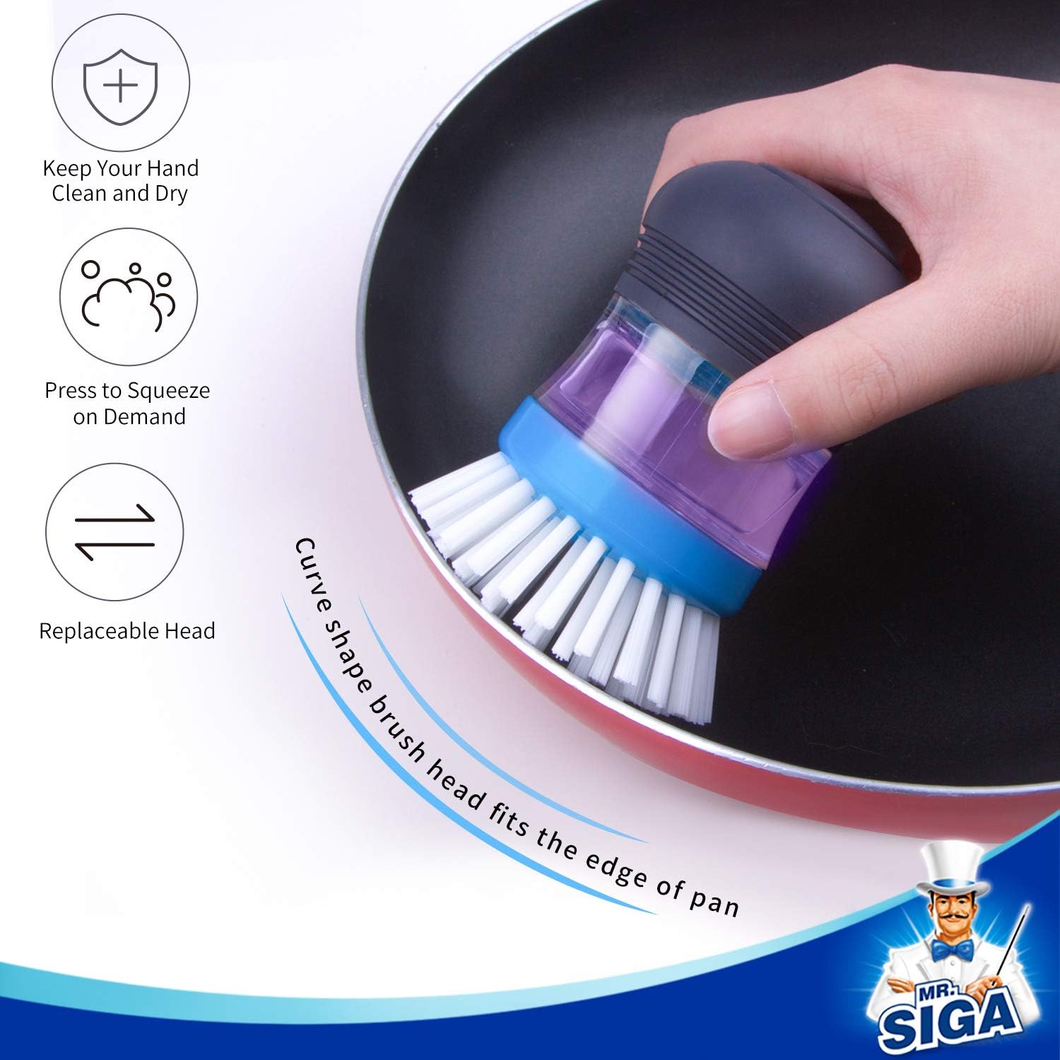 MR.SIGA Soap Dispensing Palm Brush, Kitchen Brush for Dish Pot Pan Sink Cleaning, Pack of 2, Navy/Blue: Home & Kitchen