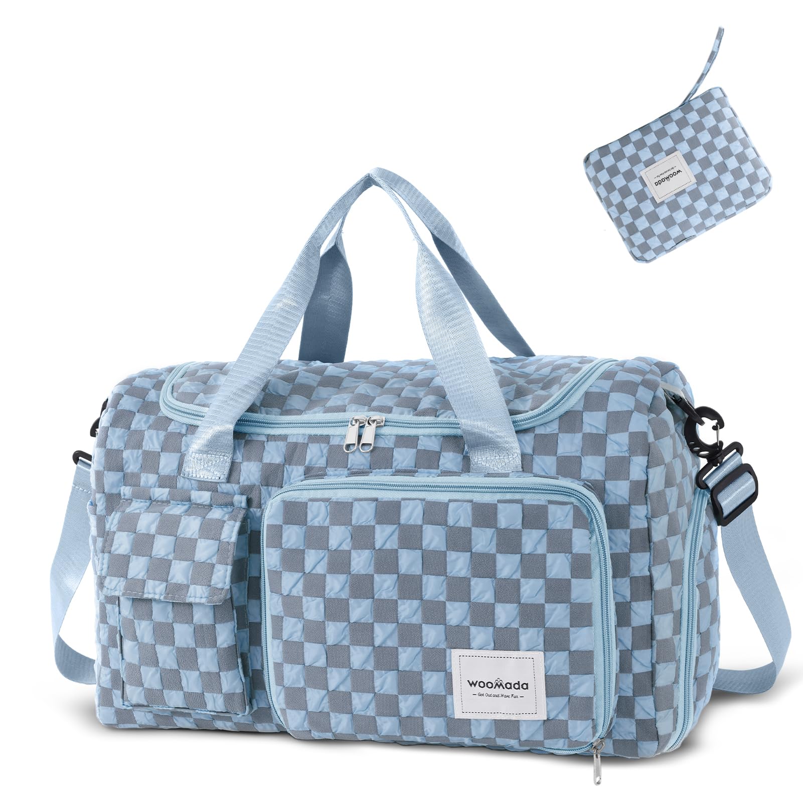 WOOMADA Foldable Travel Duffel Bag with Shoes Compartment, Overnight Bag with Wet Pocket & Trolley Sleeve, Weekender Bags for Women (blue checkerboard)