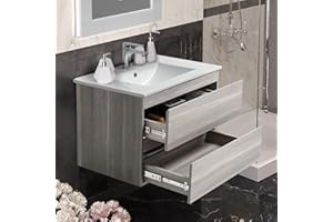 KSWIN 30" Grey Bathroom Vanity Wall Mounted Floating Vanity Two Drawers Storage Cabinet with White Ceramic Integrated Sink
