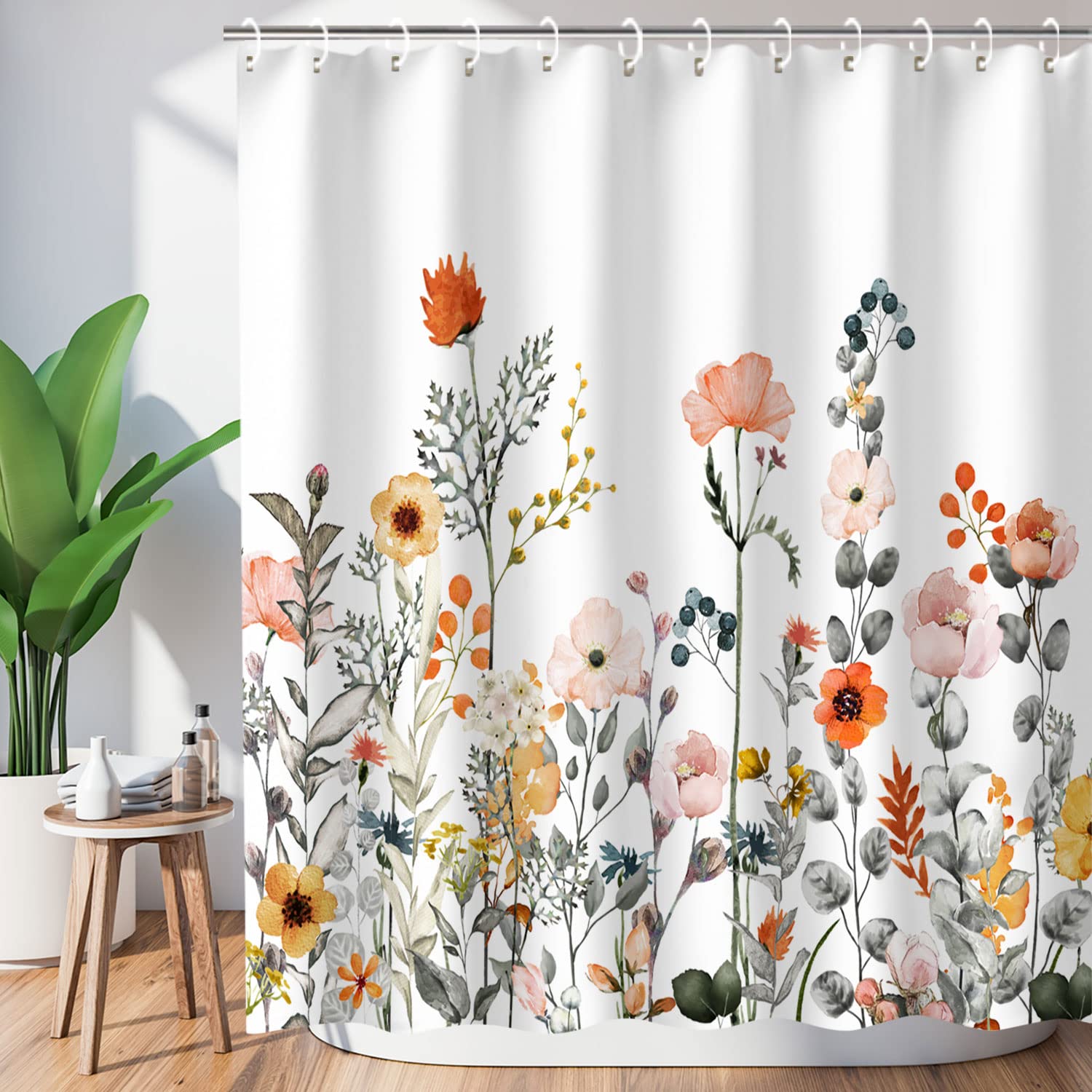 LIVILAN Floral Shower Curtains for Bathroom Flower Shower Curtain Pretty Shower Curtains Fabric Colorful Wildflower Flowered Shower Curtain with 12 Hooks Decorative Machine Washable, 60" W x 72" H