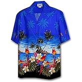 Pacific Legend Men's Parrots Beach Border Hawaiian Shirt