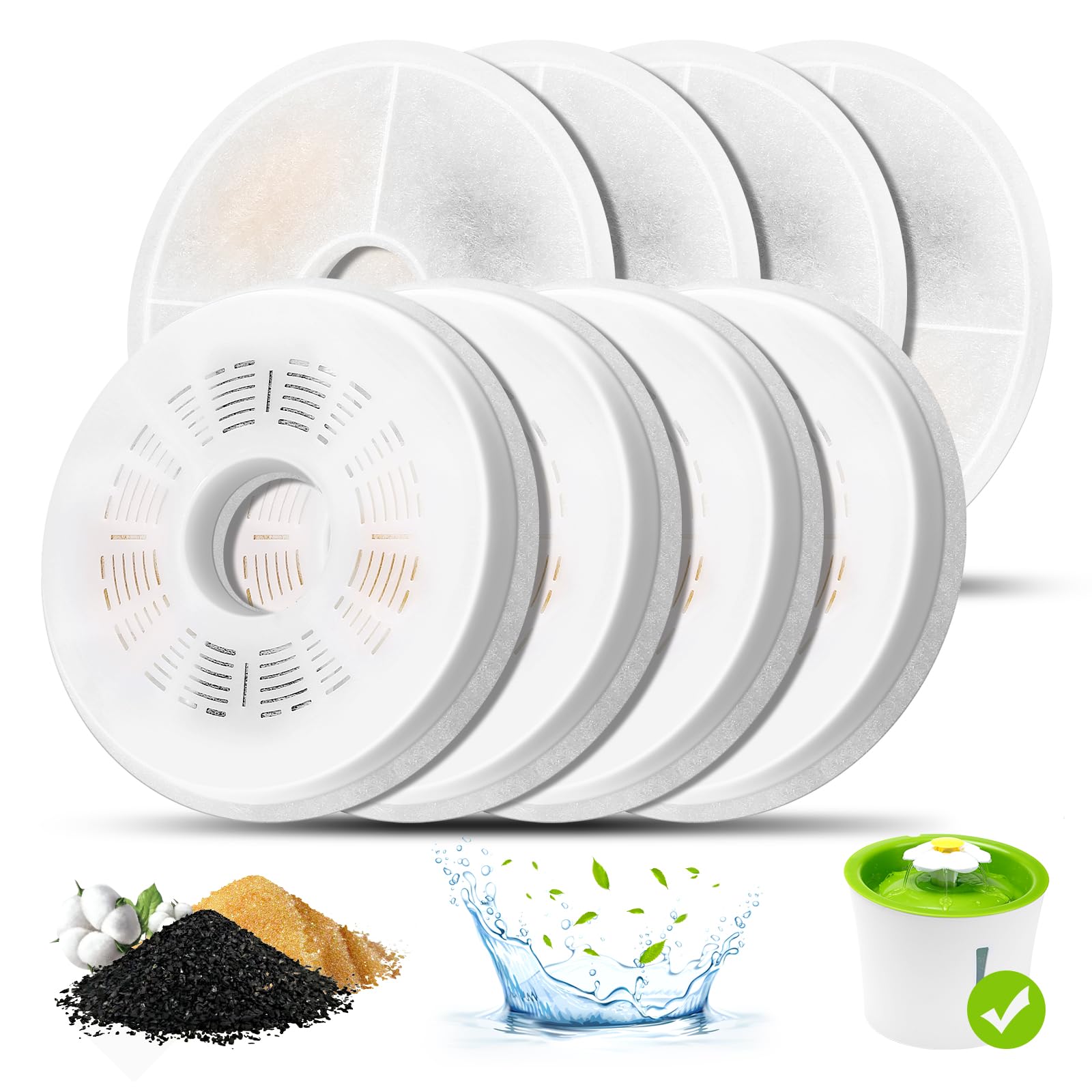 Cat Water Fountain Filters, 8 Pack Triple Action Water Fountain Filters, Replacement Cat Drinking Fountain Filters, Activated Carbon Filter Compatible with 3L Flower Pet Water Dispenser Fountain