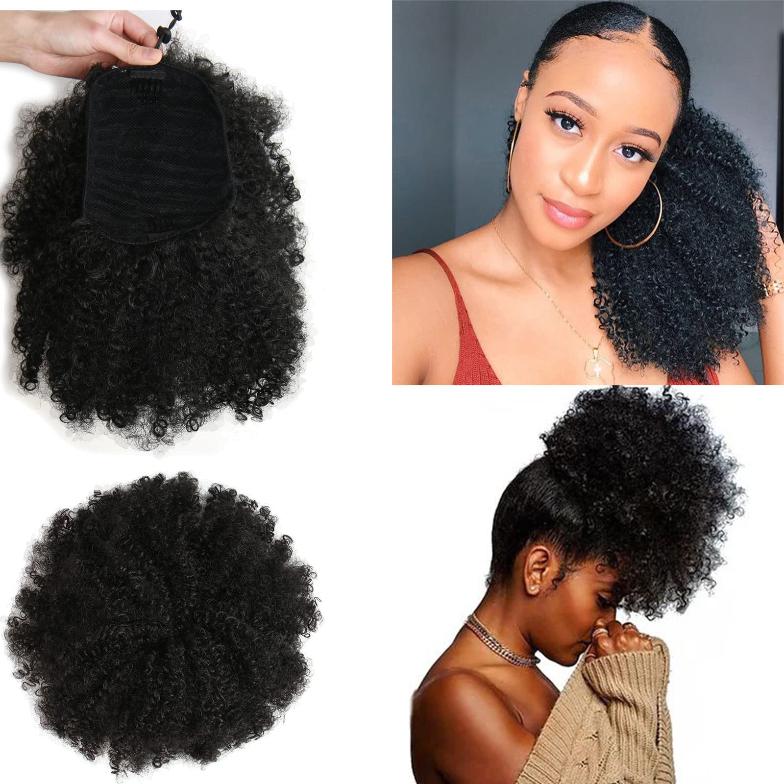 Photo 1 of Afro Kinky curly Drawstring Ponytail Extension for Women Afro Drawstring Ponytail Kinky Curly Ponytail Drawstring Afro Puffs Synthetic Curly Ponytail Hairpieces Updo Hair Extensions with Two Clips (12 Inch, 1B#)