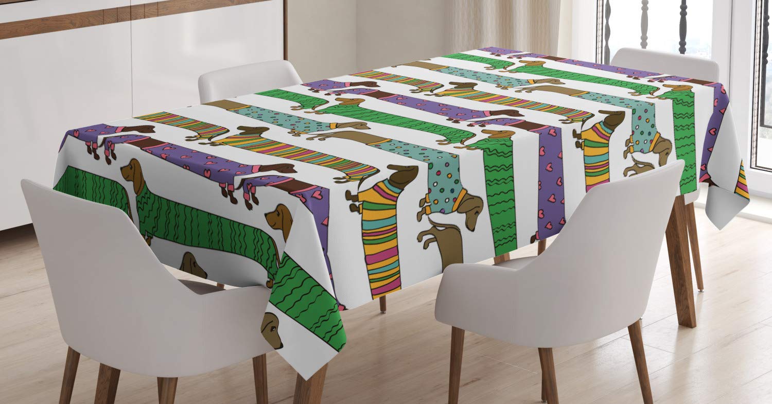 ABAKUHAUS Dog Lover Tablecloth, Dachshunds in Clothes, Dining Room Kitchen Rectangular Table Cover, 54 W X 94 L, Multicolor
