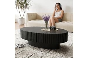 Modern Mid Century Oval Fluted Coffee Table, Fluted Wood Drum Center Table with Solid Wood Veneered and Handcrafted Relief fo