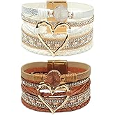 COAUXOG 2Pcs Boho Bracelets Woven Leather Multi-Layer Wrap Bracelet Heart Shape Inlaid Rhinestone Stackable Fashion Women Bracelet Jewelry