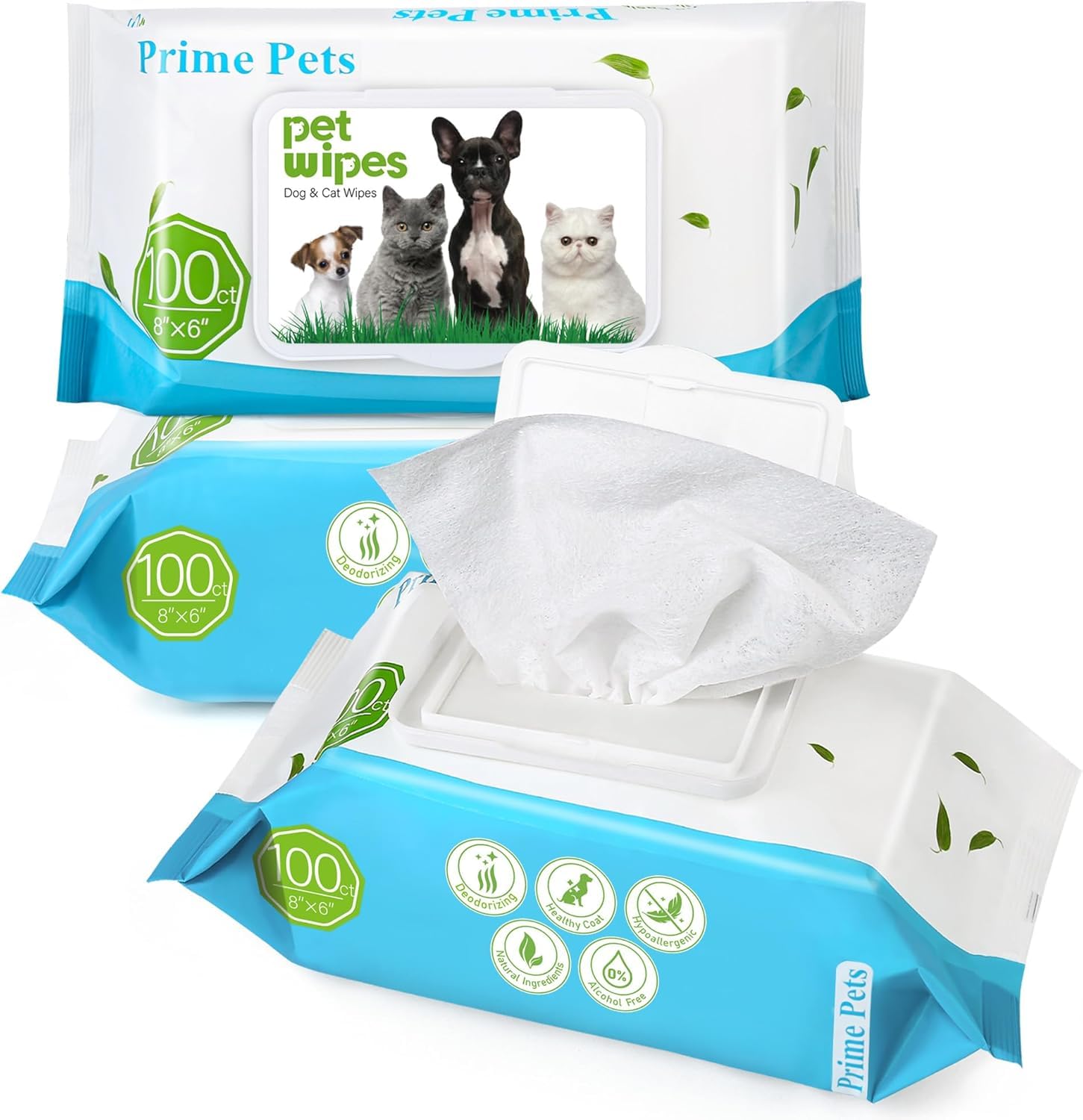 PrimePets Dog Wipes 3×100ct, Pet Wipes for Dogs and Cats, 15cm x 20cm, for Eyes, Ears, Paws, Face, Butt
