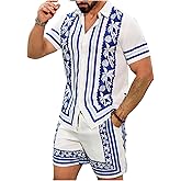 WDIRARA Men's 2 Piece Outfit Graphic Button Down Shirts Shorts Set Beach Vacation Outfits Multicolor Small
