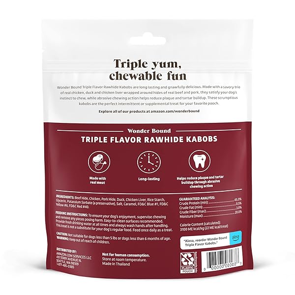 AMAZON BRAND – WONDER BOUND TRIPLE FLAVOR CHICKEN RAWHIDE KABOBS FOR DOGS, 12 OZ., PACK OF 18