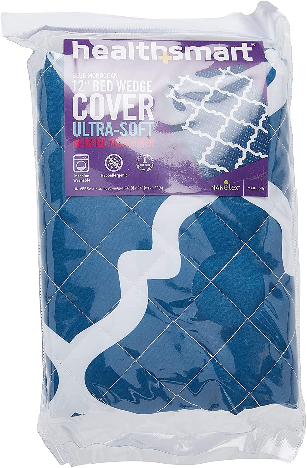 HealthSmart Wedge Pillow Cover for Bed Wedges, Wedge Pillow Case, with Rip & Spill Protection, Fits 24 x 24 x 12 Inch Wedges, Blue Moroccan