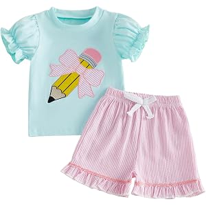 Dobeiokal Toddler Baby Girl Summer Clothes Back to School Short Sleeve T Shirt Tops Plaid Shorts Set Cute 4th of July Outfit