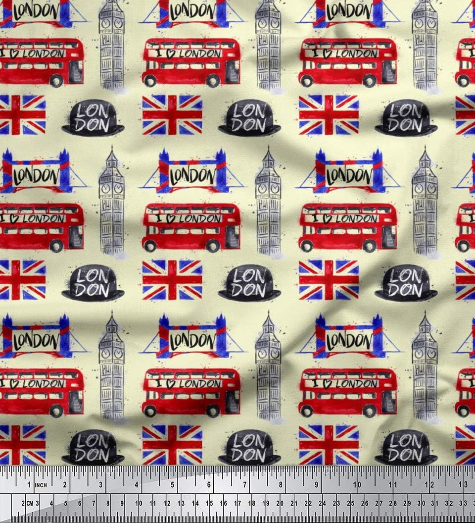 Soimoi Yellow Cotton Duck Fabric London Theme Architectural Printed Craft Fabric by The Yard 42 Inch Wide