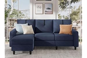Tornama 80" L Shaped Sectional Sofas, 3 Seater Couch with Reversible Ottoman and Side Storage Pocket, Modern Linen Fabric Small Sectional Couch for Living Room, Apartment, Small Space, Blue