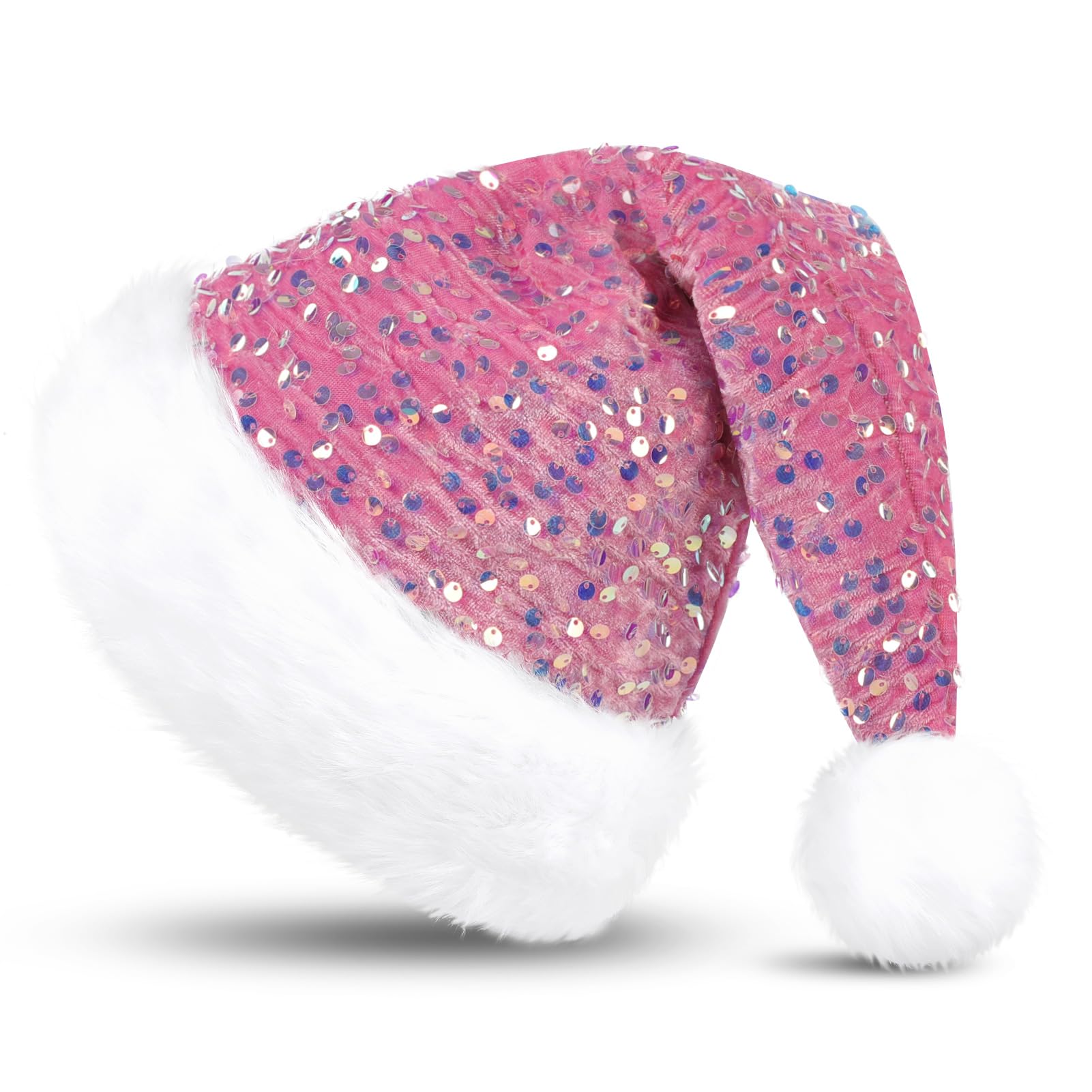 KONVINIT Sequin Christmas Santa Hat,Adult Santa Hat Luxury Plush Pink Santa Claus Hat Xmas Hat Sparkly Father Christmas Hat with a Pompom for Men and Women,pink
