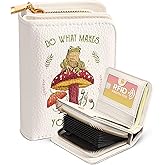 Bistup Credit Card Holder Wallet for Women - Cute Leather Ladies Teen Girls Female Cardholder Wallets Accordion Purse Small Medium Aesthetic Print Frog Mushroom Unique Modern Rfid Zipper Around